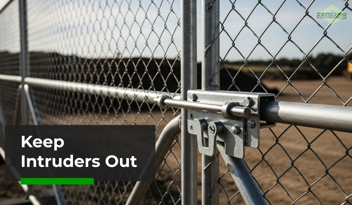 Close-up of chain link gate latch with secure sliding bolt